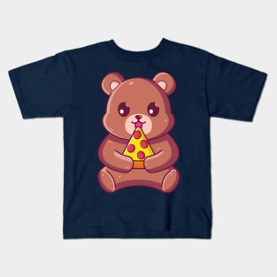 Cute brown bear eating pizza Kids T-Shirt